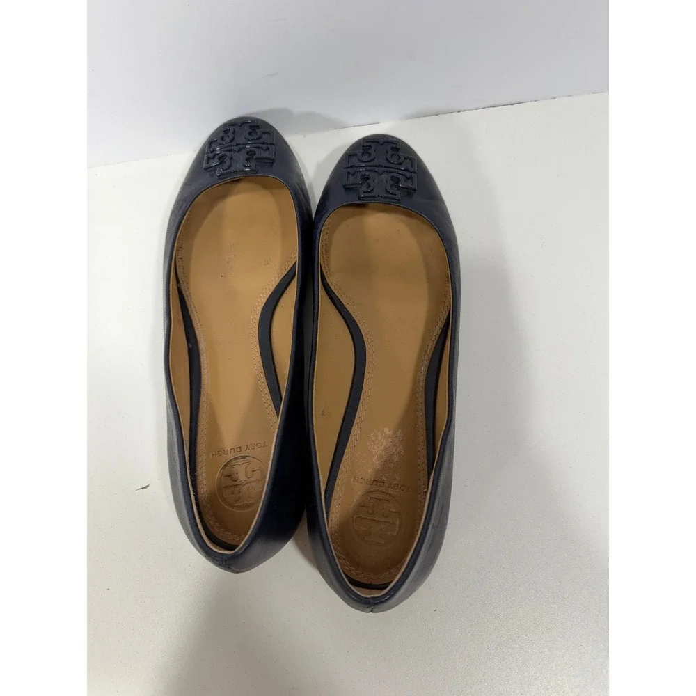 Tory Burch Navy Blue Leather Ballet Flats Logo Round Toe Shoes 7M 8778 A18